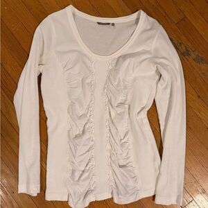 Women’s White Ruffle-Front Long Sleeve Scoop Neck Top
